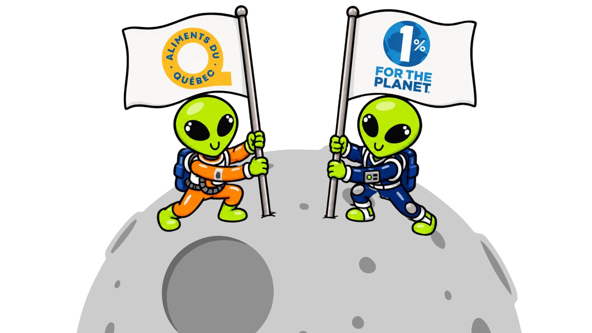 Deux Green Brothers plantent les drapeaux Aliments du Québec et 1% for the Planet sur la Lune.